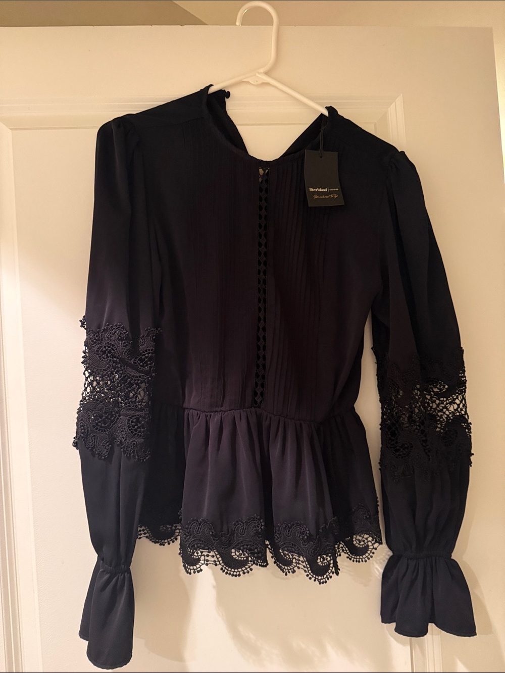River Island European Women's Black Lace-Trim Peplum Blouse
